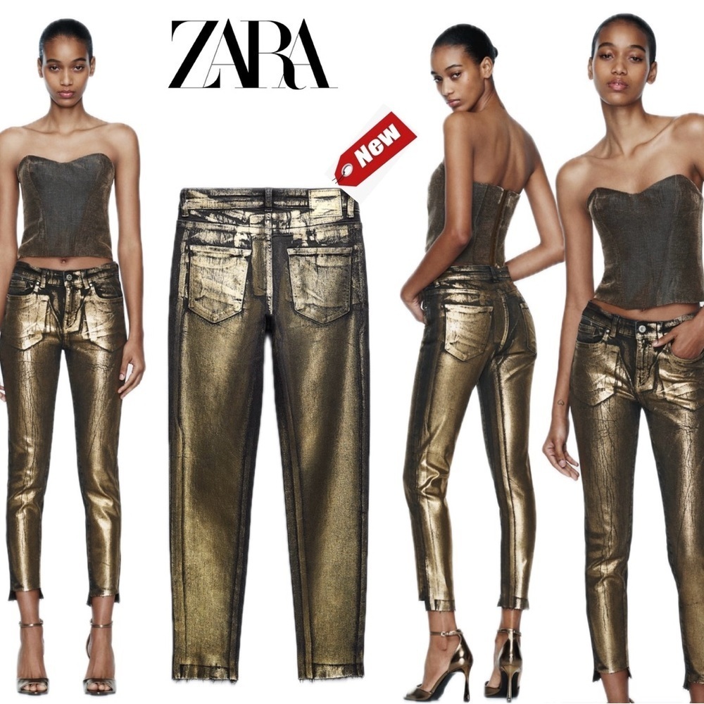 Zara gold metallic liquid foil mid rise skinny jeans 4 NWT bloggers fave